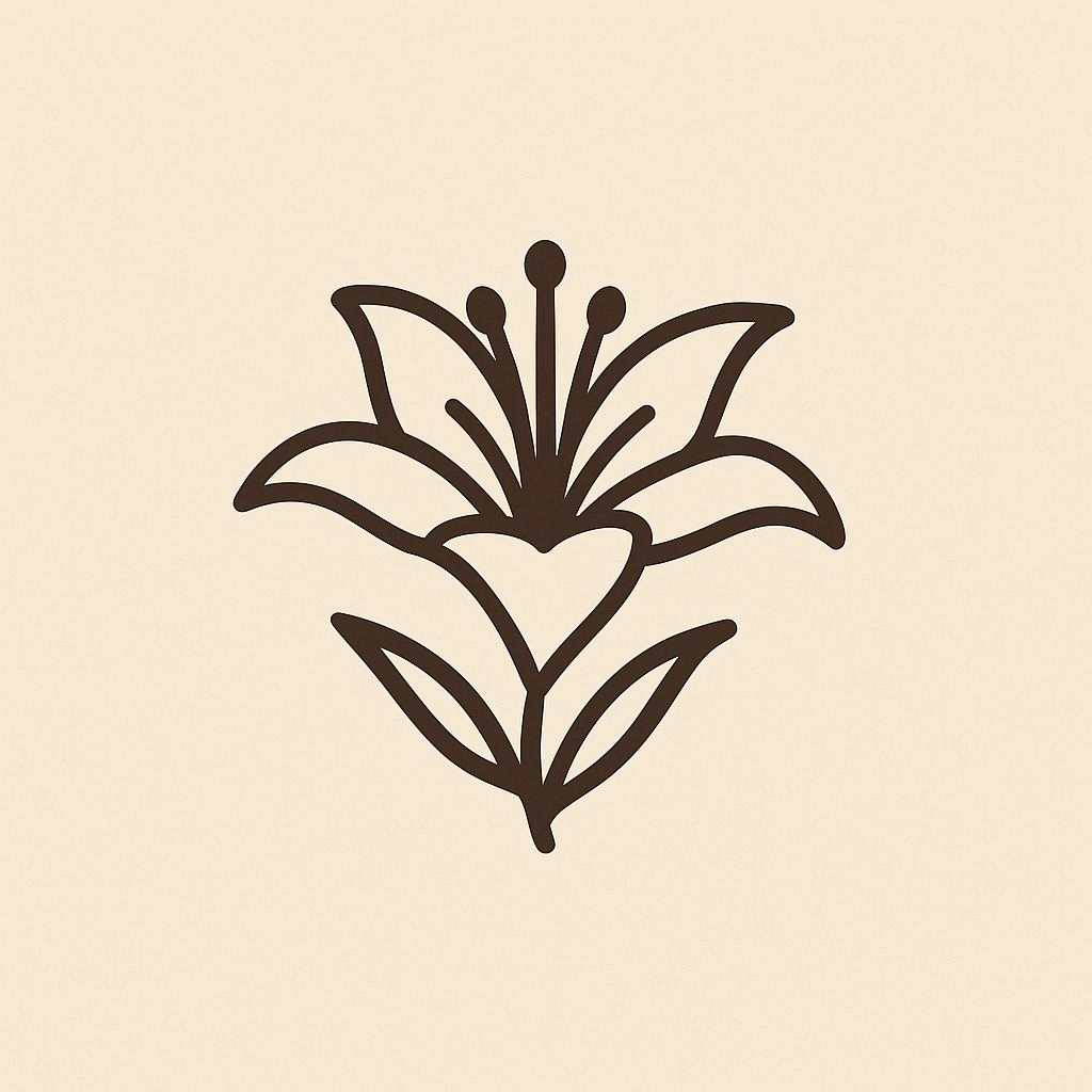 A digital drawing of a lily in black and brown on a beige background, surrounding a cream coloured square.