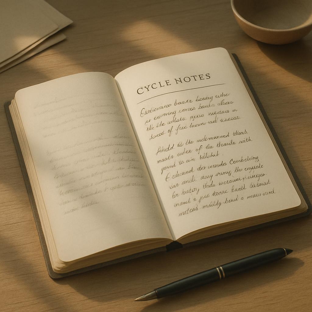 An open journal sits on a wooden desk, featuring handwritten cursive text on its left and right-center pages that read "CY...